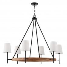  450861WK-709 - 6-Light Chandelier in Matte Black and Mango Wood with Removable White Fabric Shades